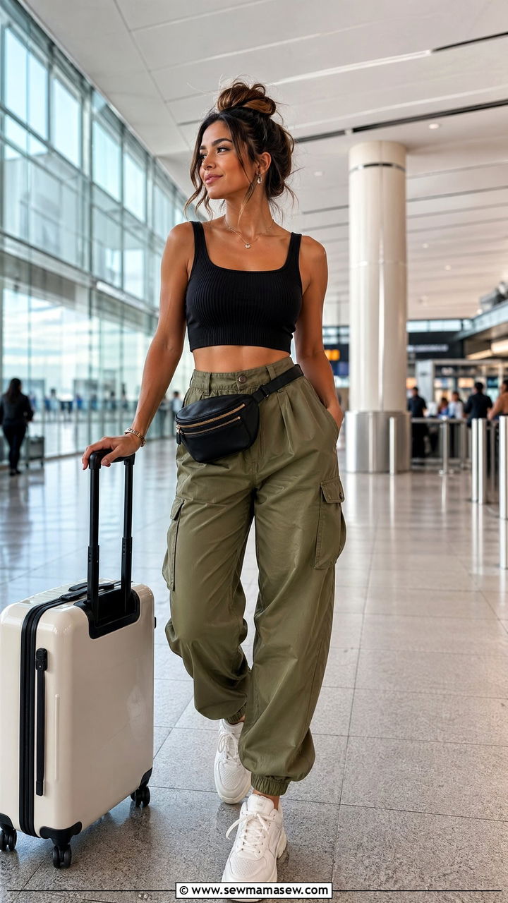Crop Top and High Waisted Cargo Pants - 35 spring airport outfit ideas