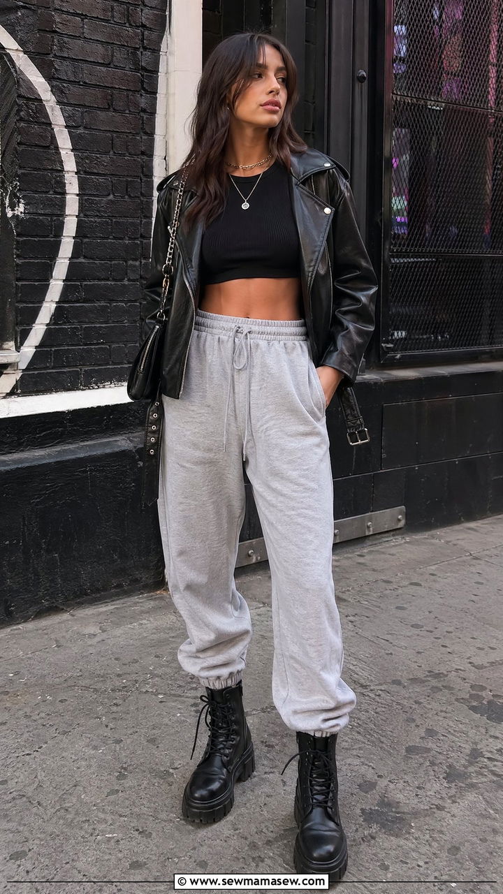 Crop Top with Joggers and Leather Jacket - 35 sporty chic outfits for women