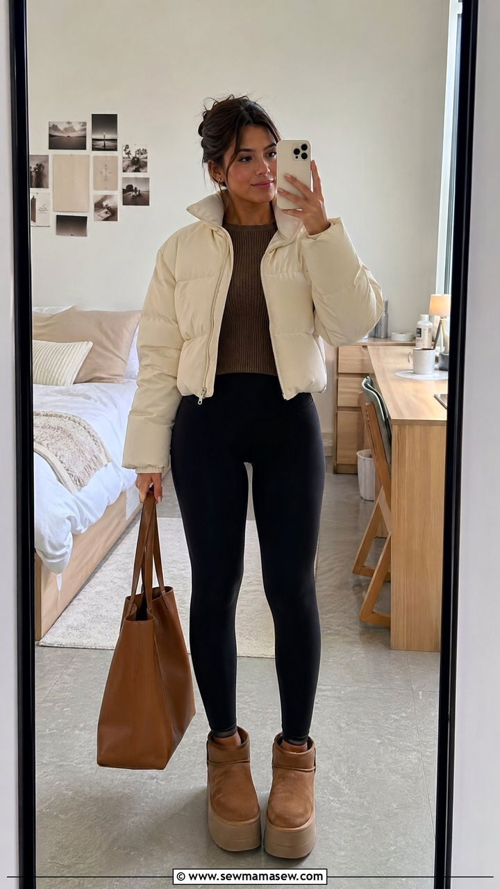 Crop puffer jacket over sweater with UGG boots - 35 cute college outfits