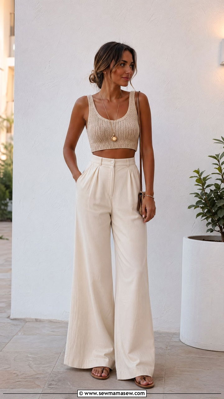 Crop top and high waisted wide leg pants outfit - 35 Summer outfit ideas for mom