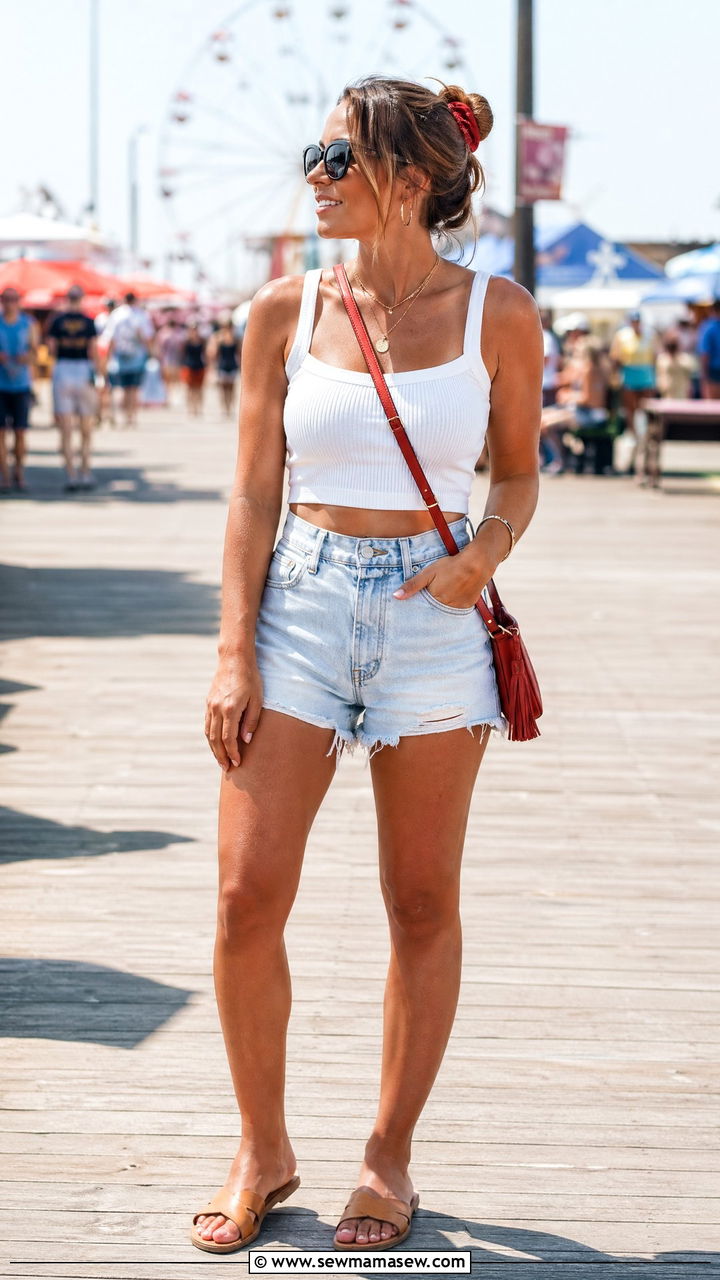 Crop top high waist shorts and small leather crossbody - 35 Crossbody bag outfit ideas