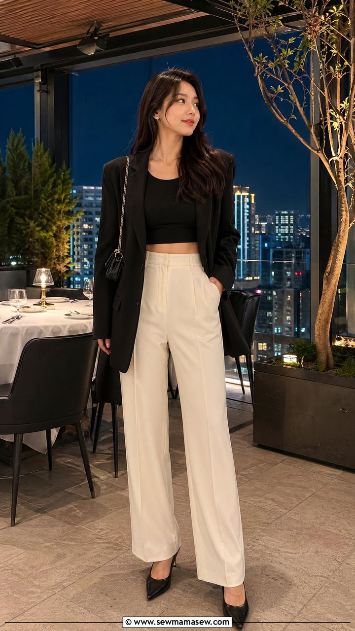 Crop top with high waist tailored trousers and blazer - 35 Seoul vacation outfit ideas