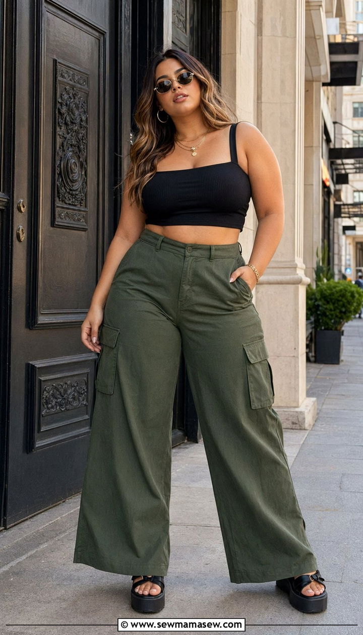 Crop top with high waisted cargo pants outfit - 35 Outfit ideas for curvy women