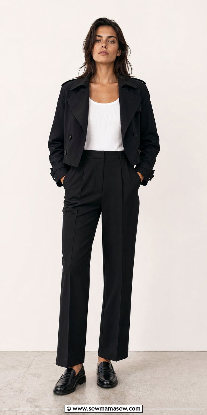 Cropped Black Trench Coat With High Waisted Trousers And Loafers - 30 Black trench coat outfit ideas for rain
