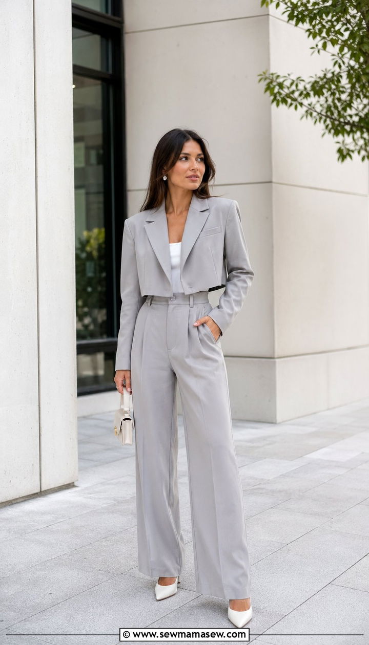 Cropped Blazer And Matching WideLeg Pants - 30 Wedding guest outfits with pants