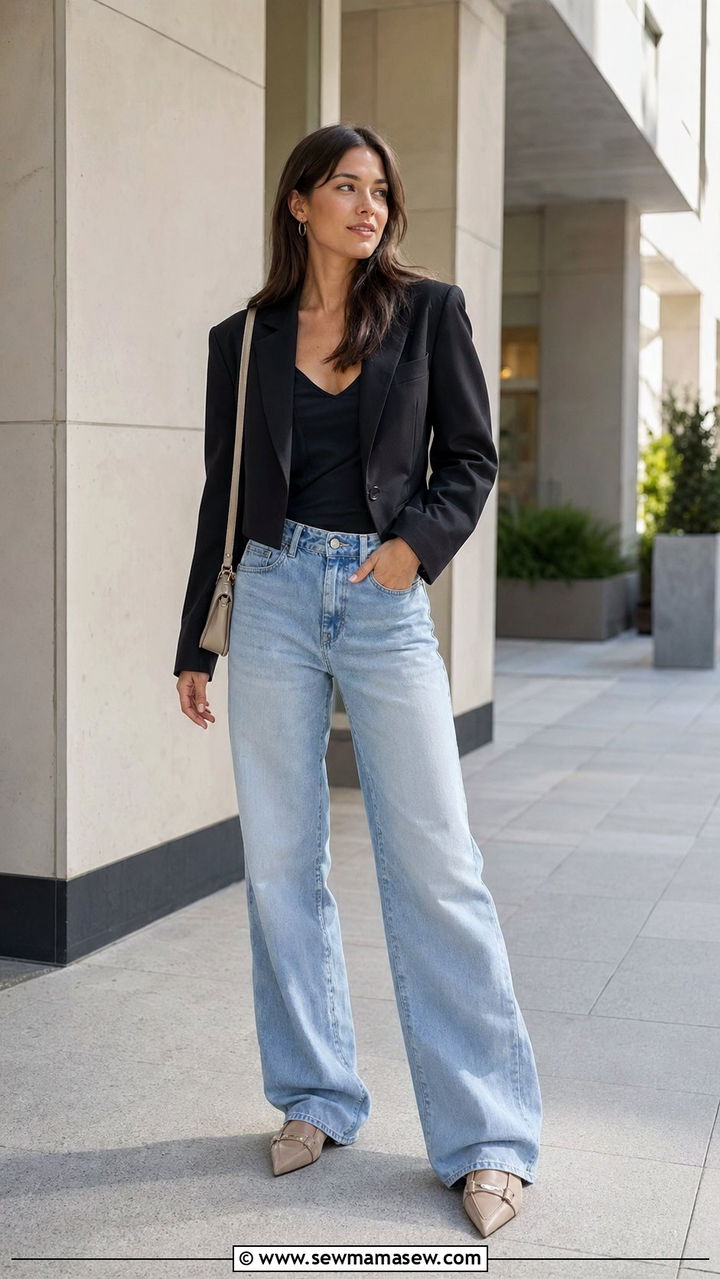 Cropped Blazer With Baggy Jeans and Pointed Toe Loafers - 30 Baggy jeans outfit ideas with loafers