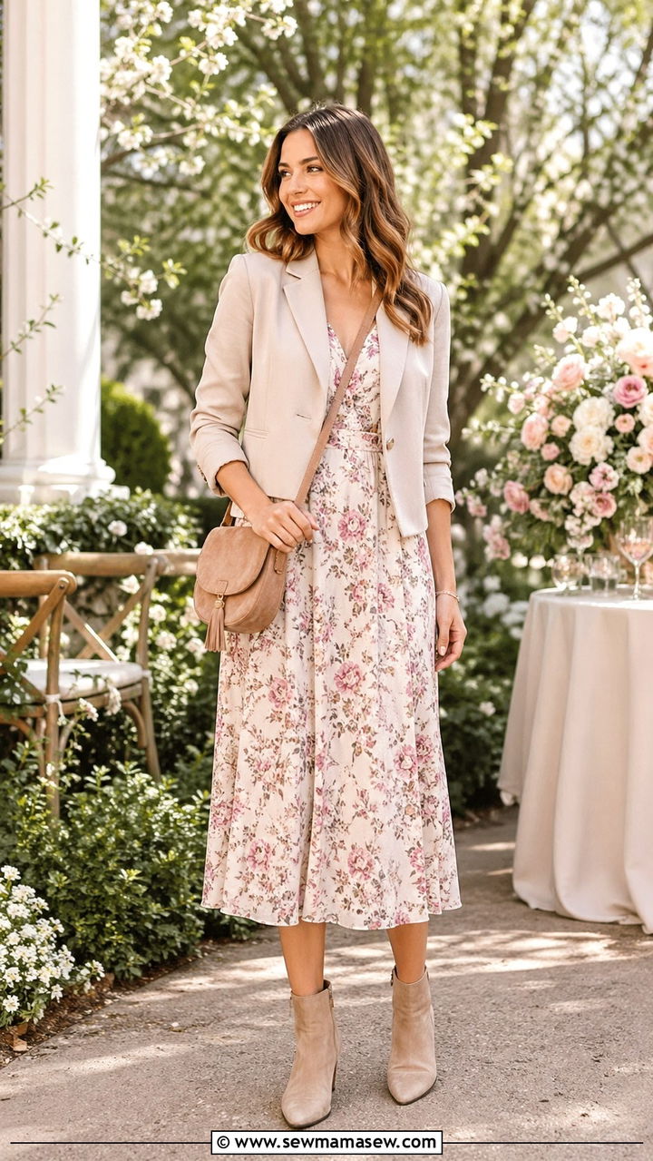Cropped Blazer With Floral Midi Dress - 30 spring cropped blazer outfit ideas