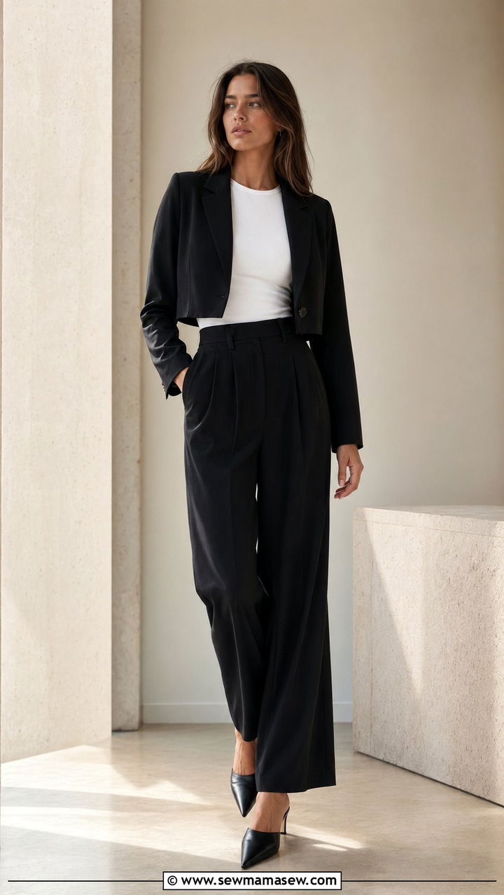 Cropped Blazer With High Waist Wide Leg Trousers And Pointed Toe Heels - 30 90s spring outfits