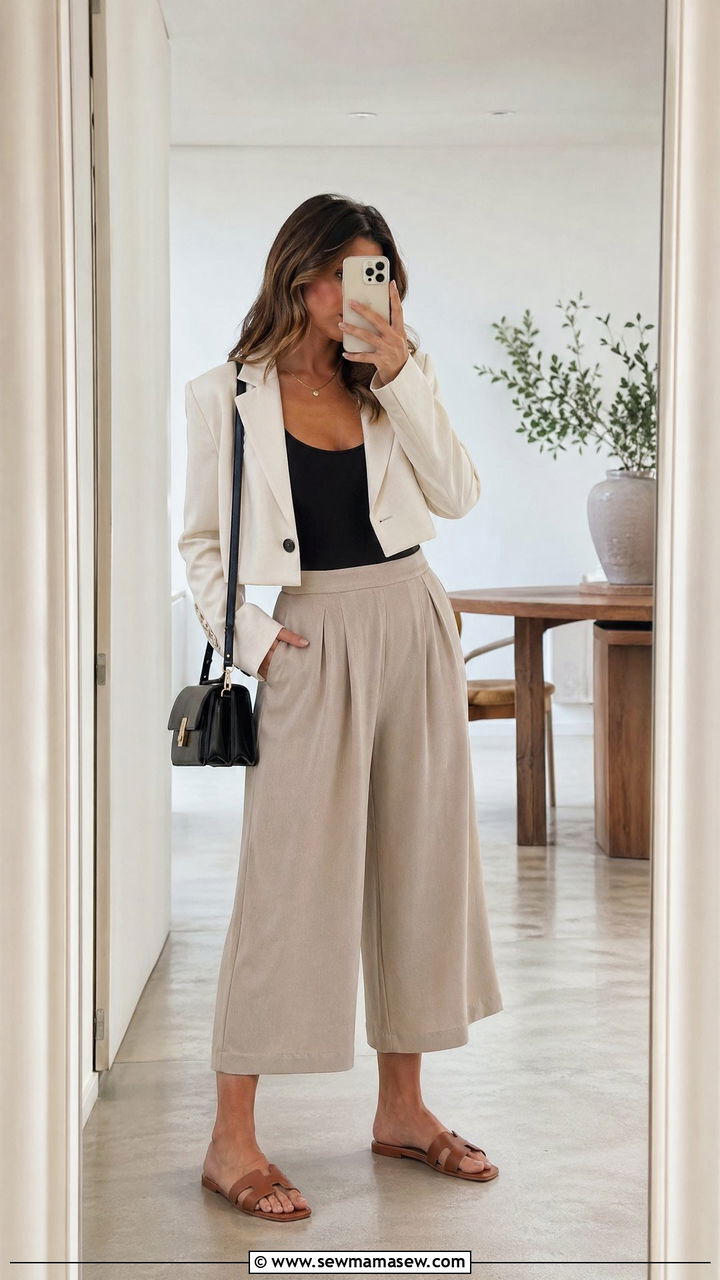 Cropped Blazer with High Waisted Culottes and Bodysuit - 35 Summer outfits with blazers