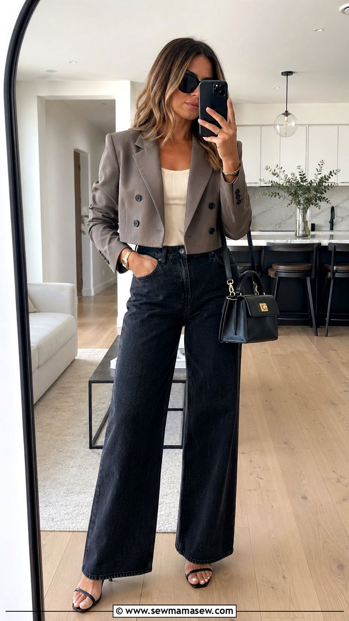 Cropped Blazer with High Waisted Wide Leg Denim - 35 outfit ideas for women over 30