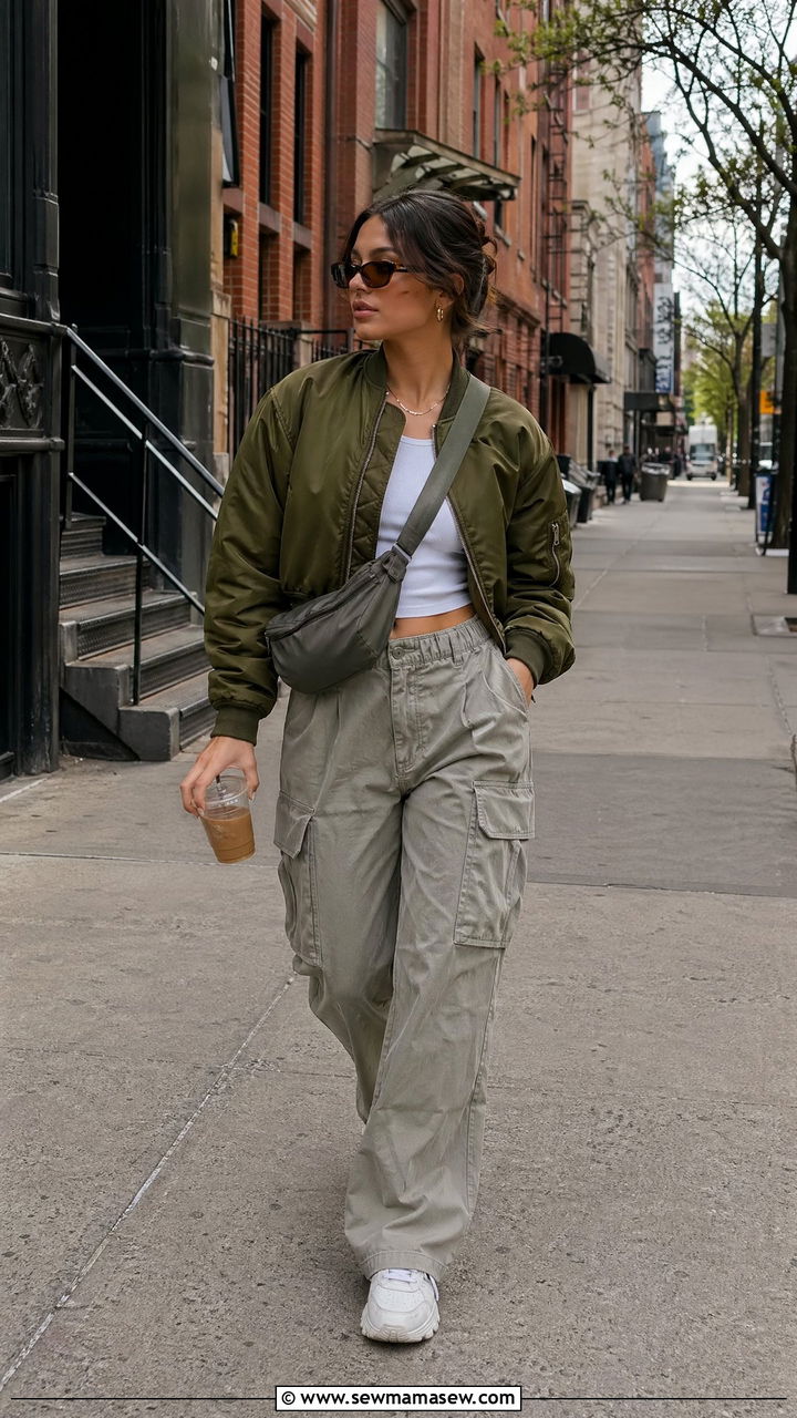Cropped Bomber Jacket With High Waisted Cargo Trousers - 35 Spring New York outfit ideas