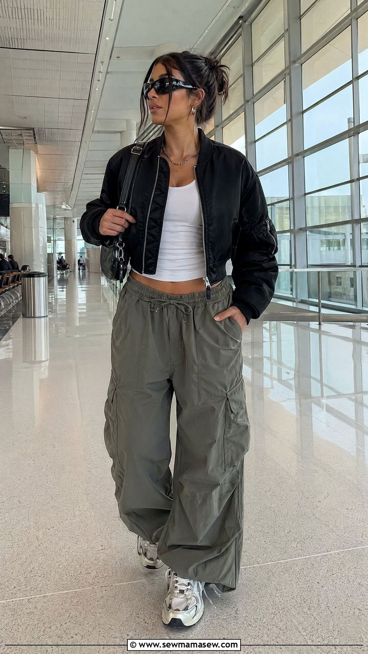 Cropped Bomber Jacket With Parachute Cargo Pants And Sneakers - 40 Airport outfits for women
