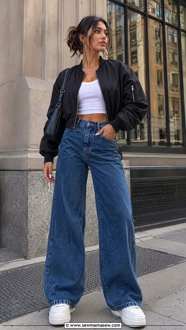 Cropped Bomber Jacket and Wide Leg Jeans Outfit for Tall Women - 35 Cute outfits for tall women