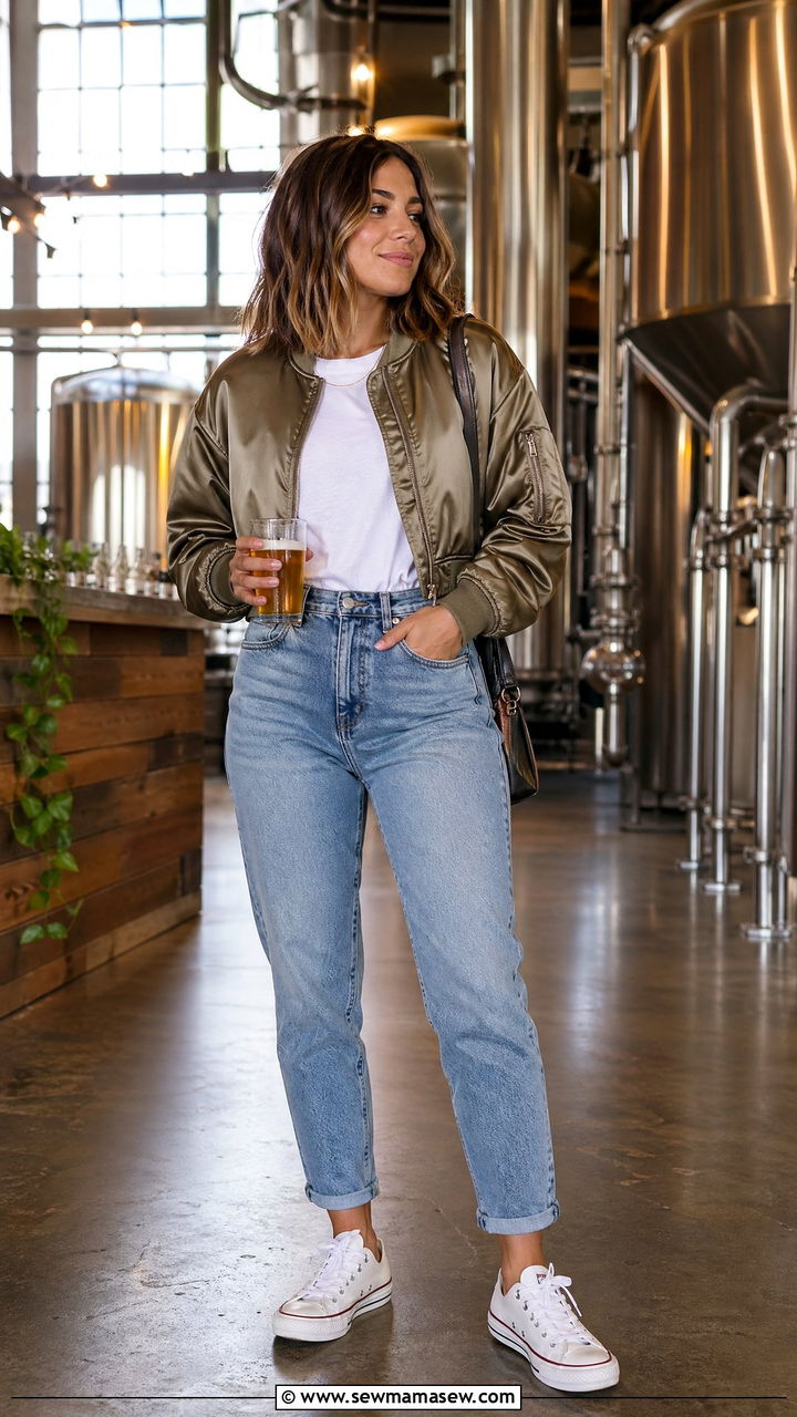 Cropped Bomber Jacket with High Waisted Mom Jeans - 35 casual outfits for petite women
