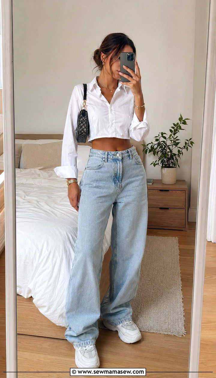 Cropped Button Down with High Rise Baggy Jeans and Platform Sneakers - 30 Baggy jeans outfit ideas with a button down