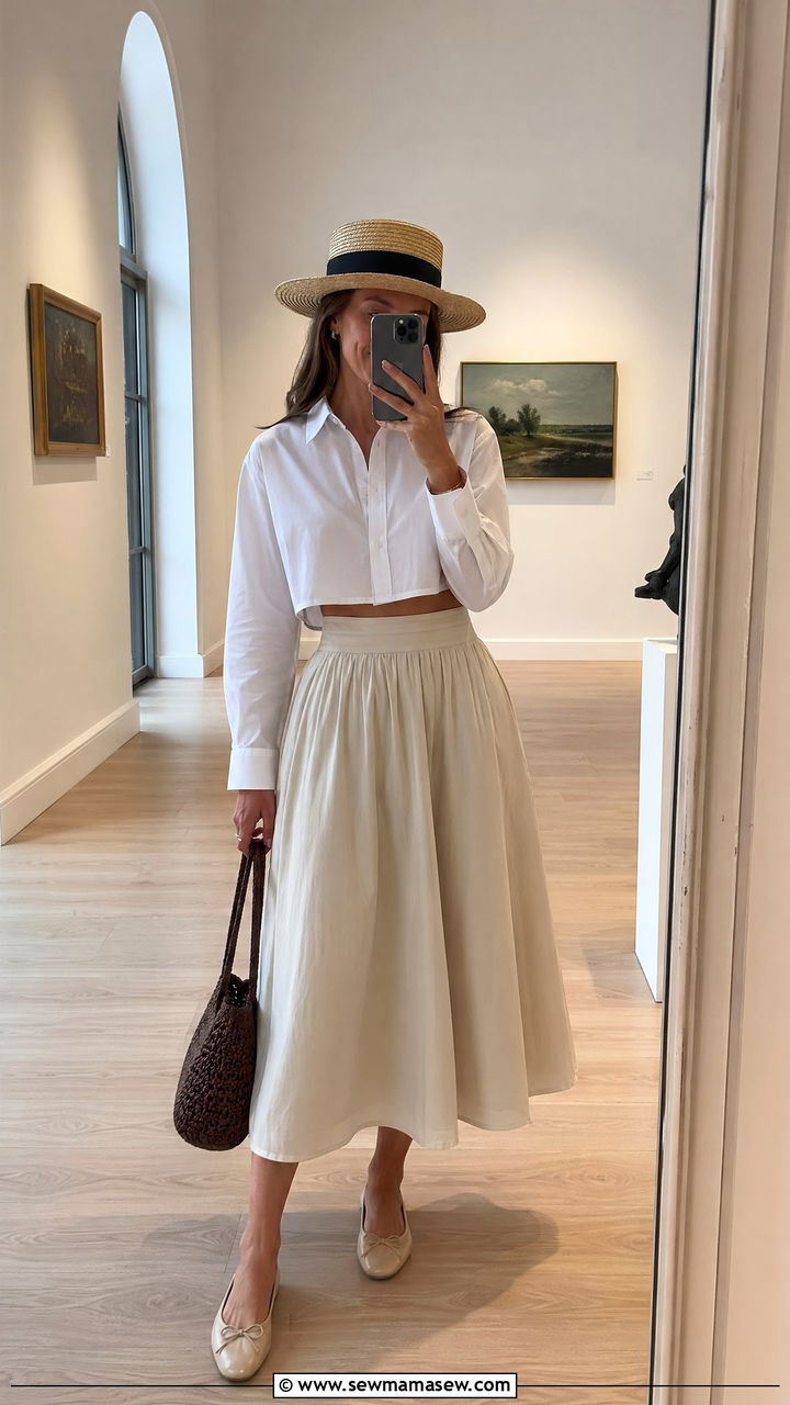 Cropped Button Up Shirt With A Line Midi Skirt Summer Outfit - 35 summer elegant outfit ideas