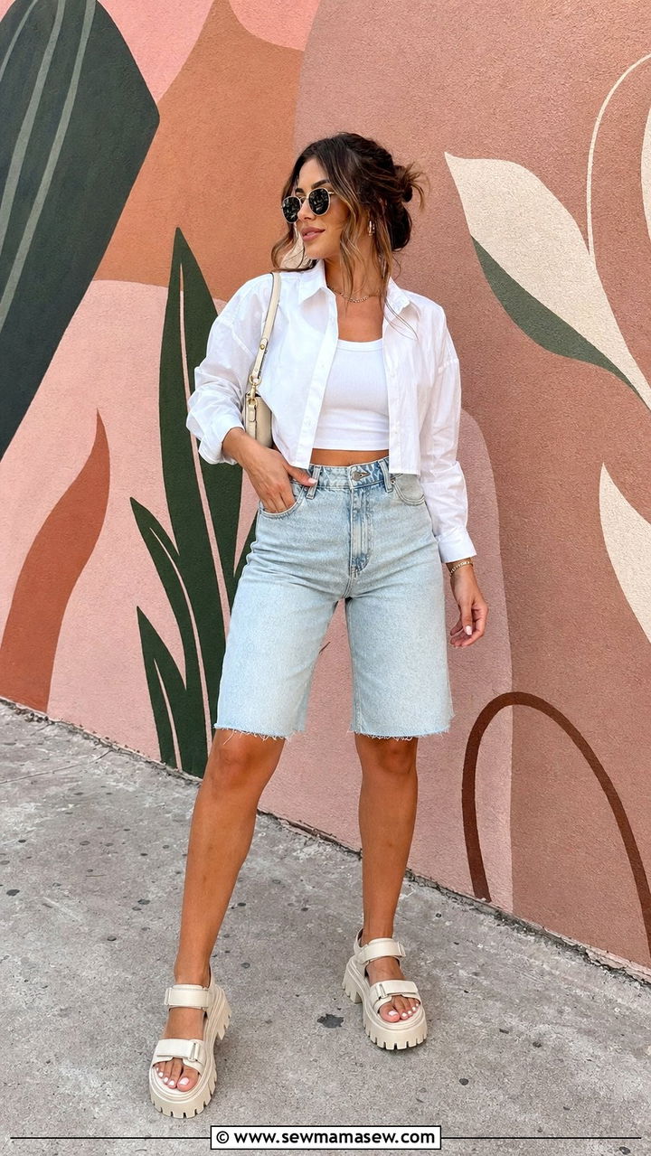 Cropped Button Up Shirt With High Waisted Denim Bermuda Shorts - 30 Bermuda shorts outfit ideas with a button down