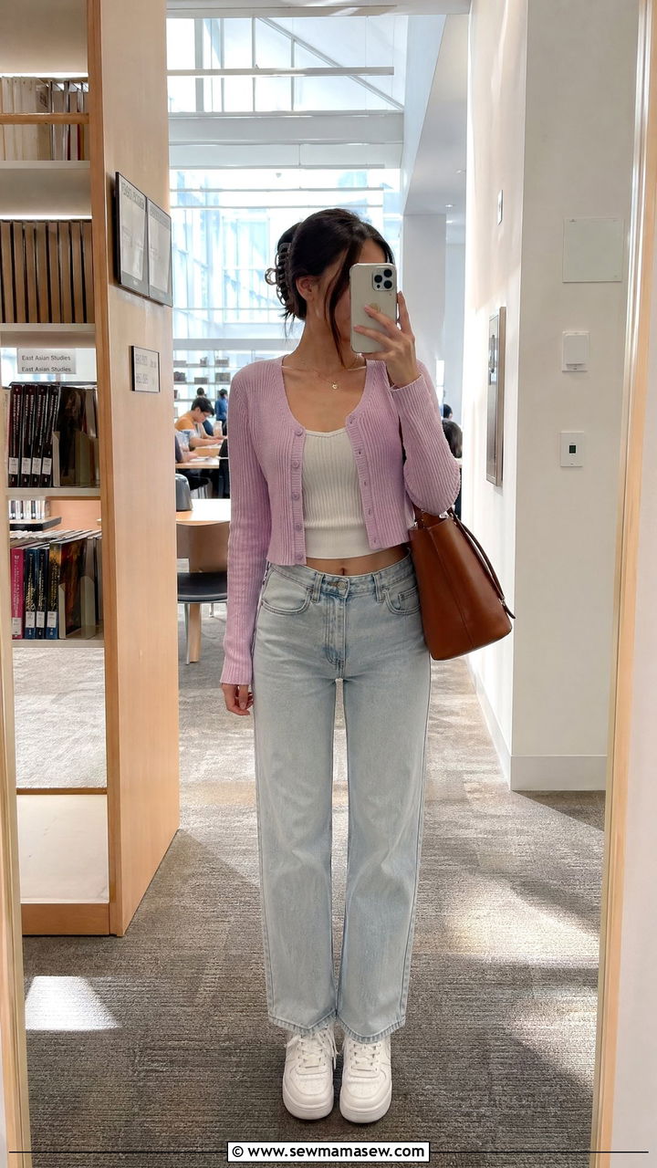 Cropped Cardigan Over A Cami With Straight Leg Jeans For Study Date - 35 Sorority outfit ideas