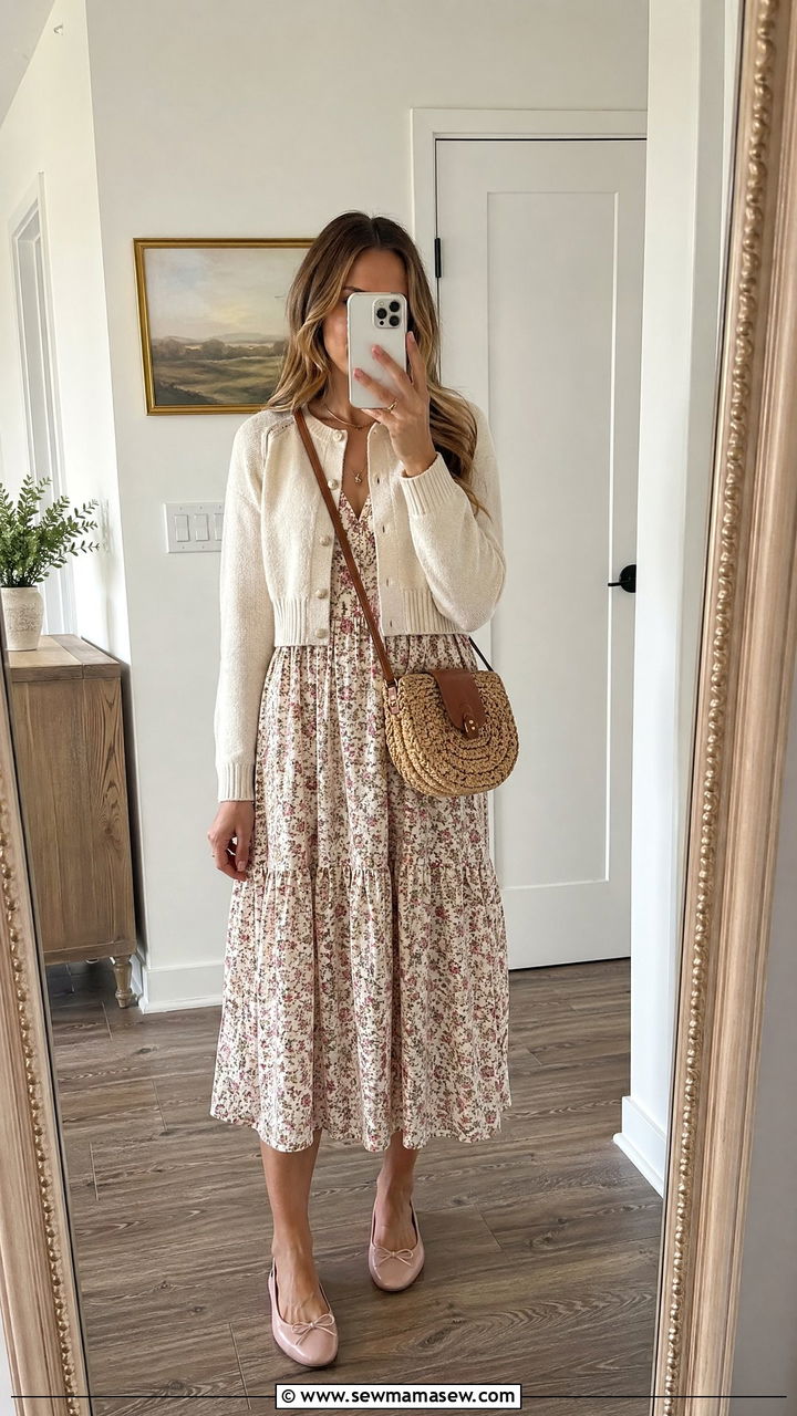 Cropped Cardigan Over A Floral Midi Dress - 35 summer cottagecore outfit ideas