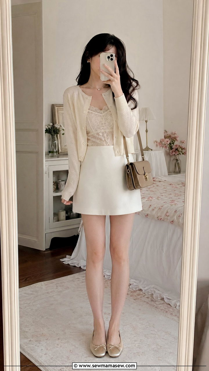 Cropped Cardigan Over Camisole with Mini Skirt Outfit - 35 Y2K outfit ideas 2026