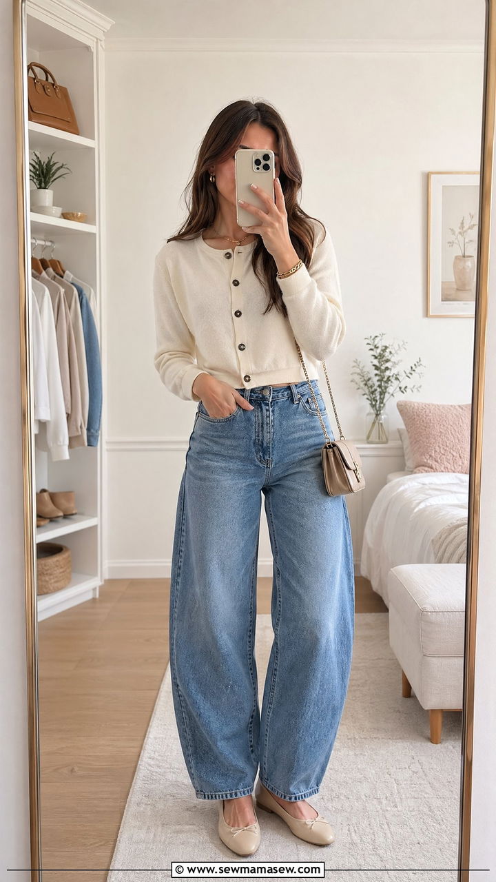 Cropped Cardigan With Barrel Leg Jeans and Ballet Flats - 35 spring outfit ideas for women