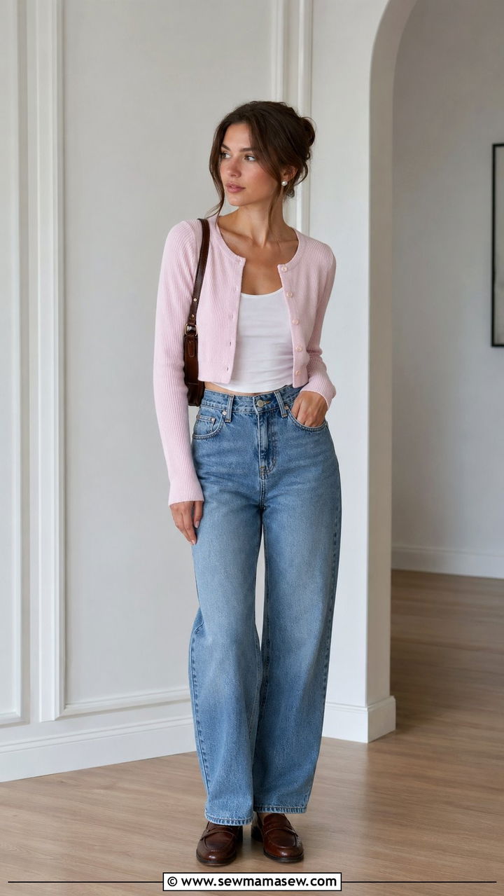 Cropped Cardigan With High Waist Baggy Jeans and Penny Loafers - 30 Baggy jeans outfit ideas with loafers