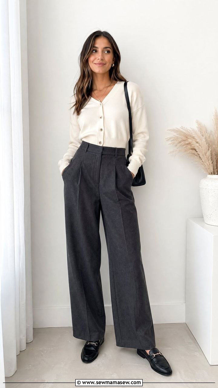Cropped Cardigan With High Waisted Trousers and Loafers - 40 trendy outfits for women
