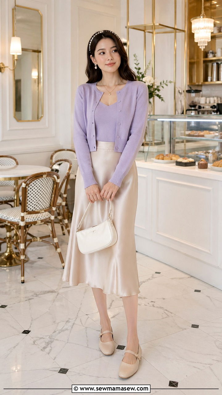 Cropped Cardigan With Satin Slip Skirt And Mary Jane Flats - 30 Soft girl summer outfits