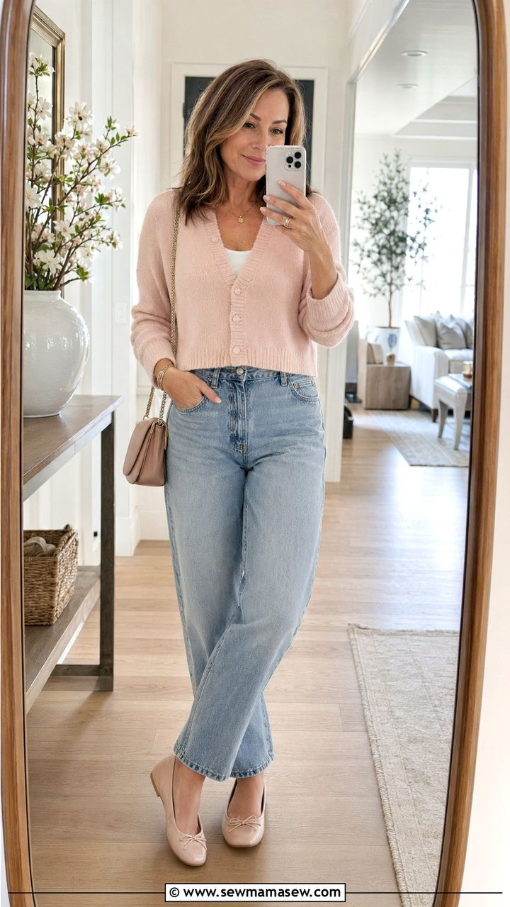 Cropped Cardigan With Vintage Wash Mom Jeans - 35 mom jeans outfits for women over 40