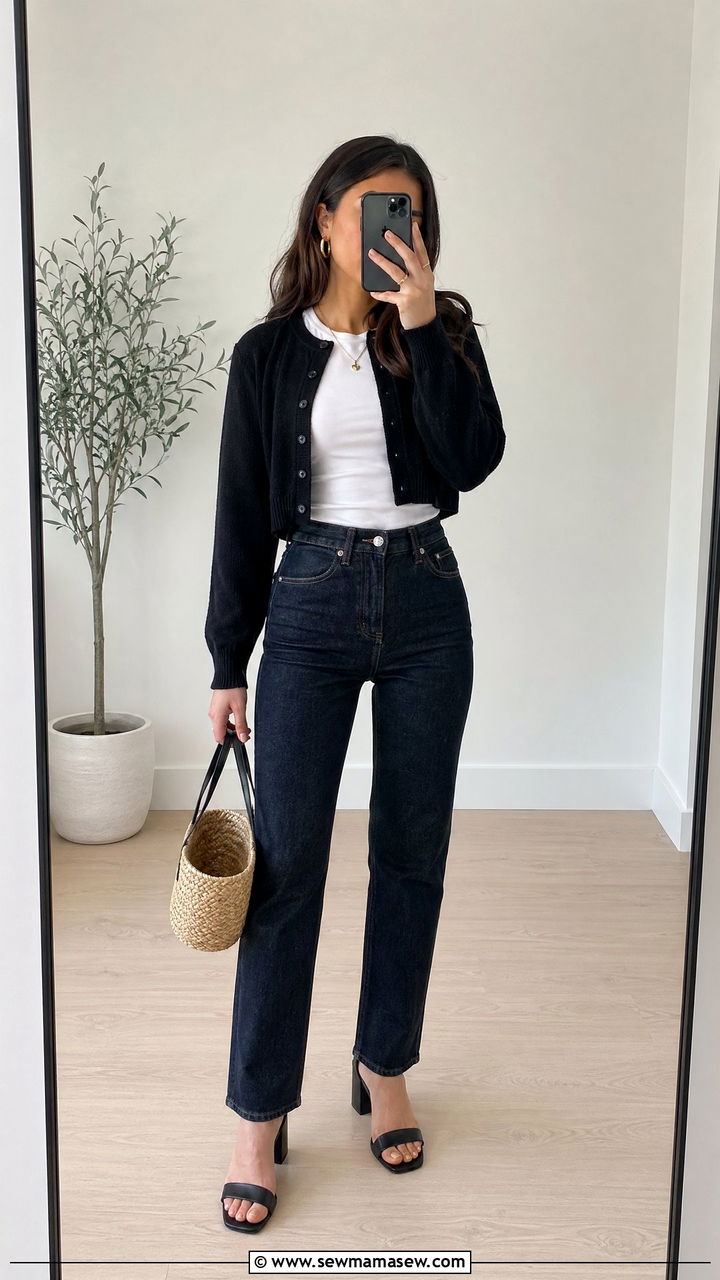 Cropped Cardigan With White Tee And Dark Jeans And Block Heels - 35 spring parisian outfits