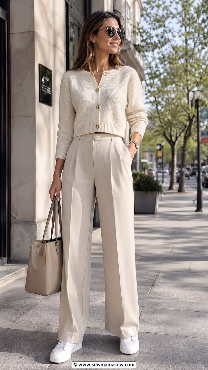 Cropped Cardigan With Wide Leg Pants And Sneakers - 35 Cute work outfits for women