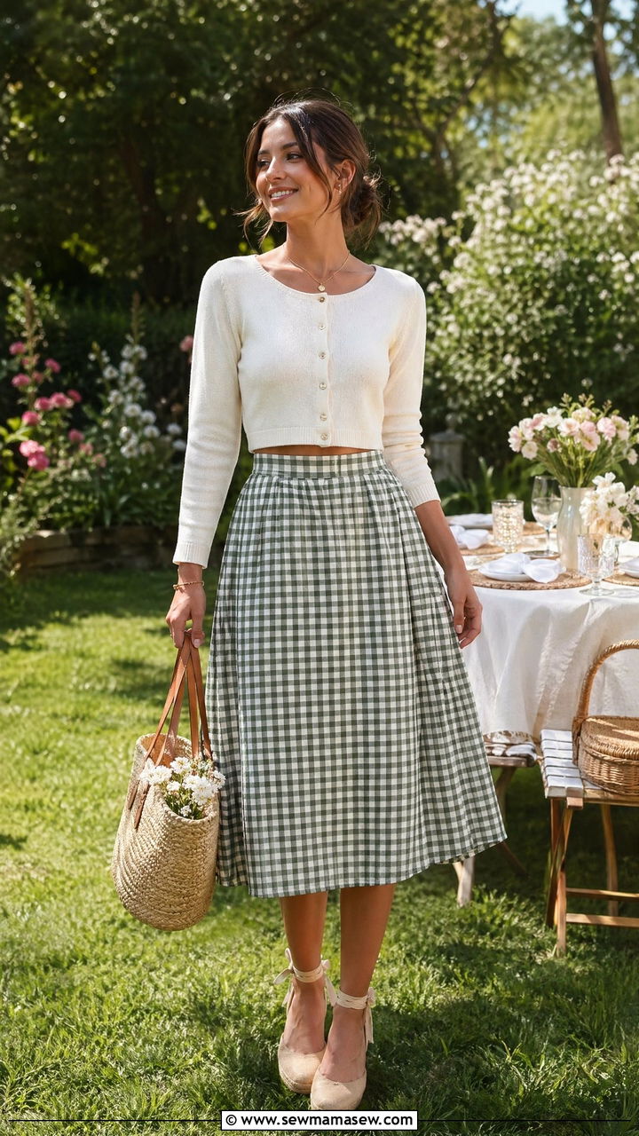 Cropped Cardigan and A Line Skirt With Espadrilles - 35 summer garden party outfit ideas