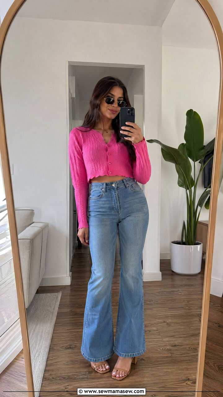 Cropped Cardigan and High Waisted Flare Jeans Outfit - 35 Y2K outfit ideas 2026