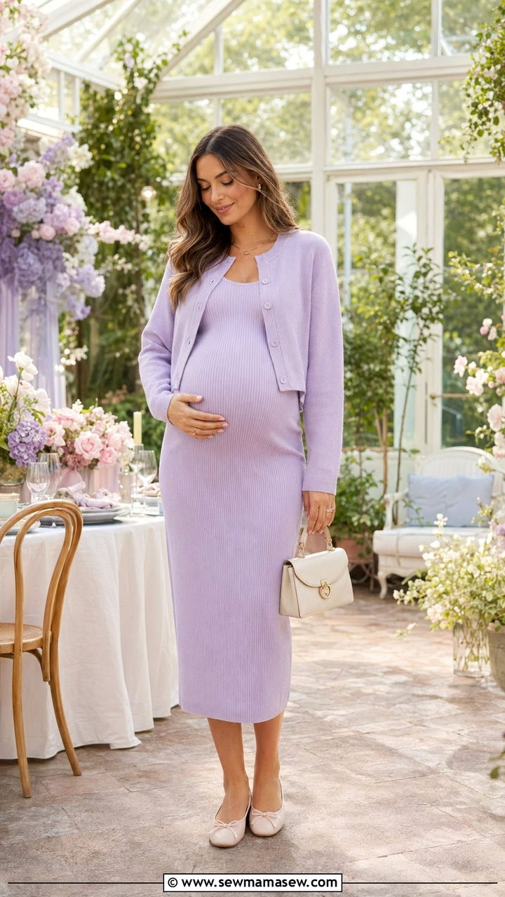Cropped Cardigan and Ribbed Tank Midi Dress - 30 Baby shower outfits for mom to be
