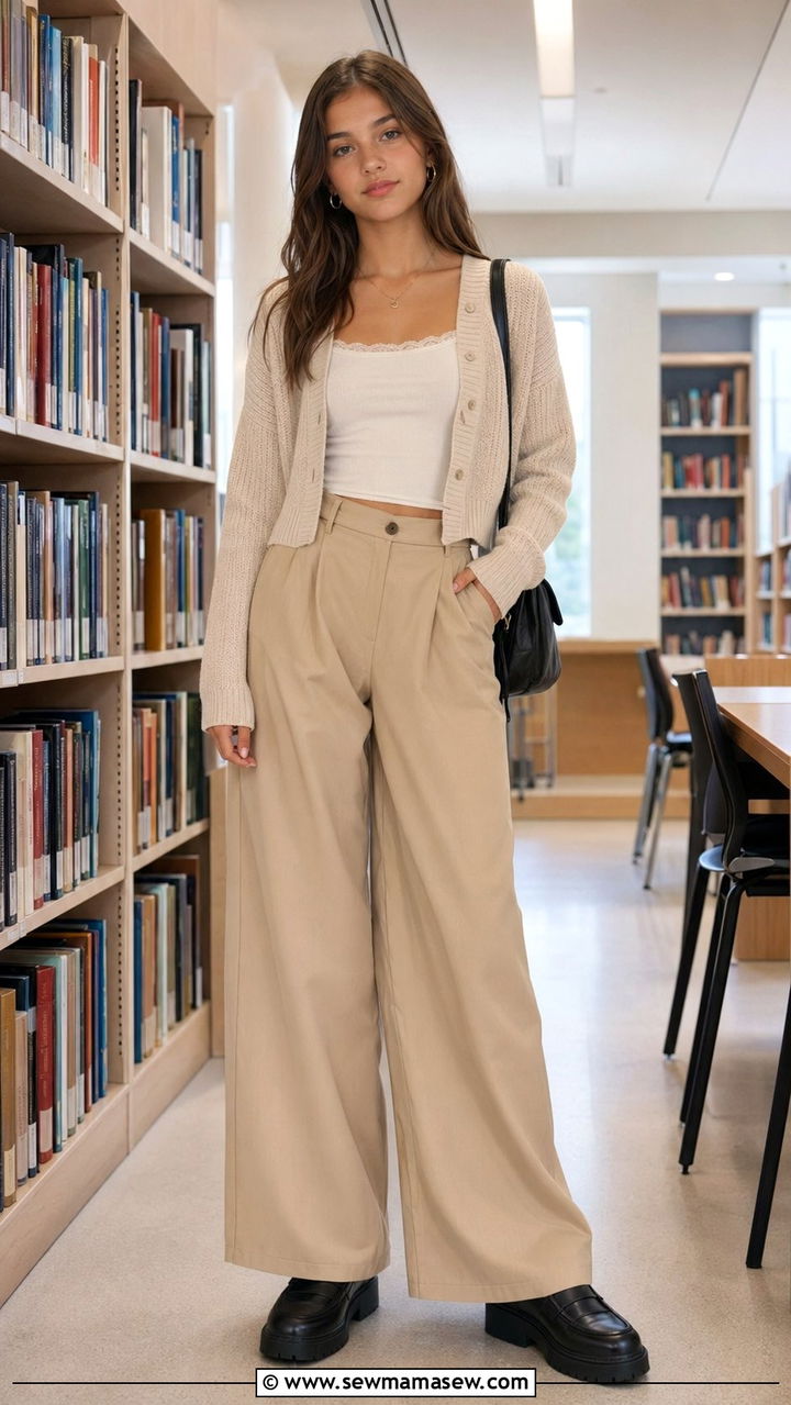 Cropped Cardigan and Wide Leg Trousers School Outfit - 35 School outfit ideas for teens