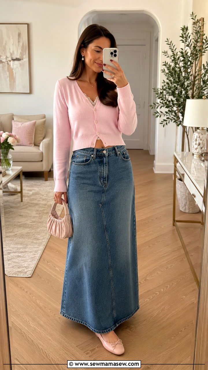 Cropped Cardigan with Denim Maxi Skirt and Ballet Flats - 30 spring denim maxi skirt outfit ideas