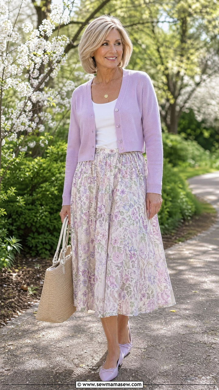 Cropped Cardigan with Flowy Midi Skirt - 35 Spring outfits for women over 50