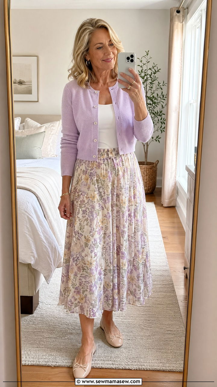 Cropped Cardigan with Flowy Midi Skirt and Ballet Flats - 35 What to wear in spring for women over 50