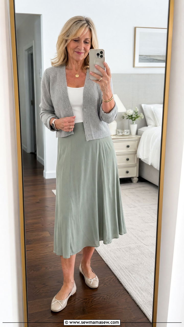 Cropped Cardigan with Flowy Midi Skirt - 35 spring outfit ideas for women over 50