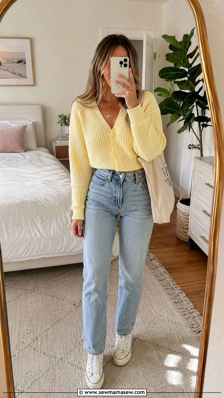 Cropped Cardigan with High Waisted Jeans - 35 cute outfit ideas for women