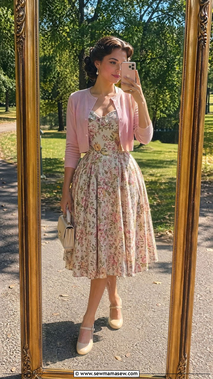 Cropped Cardigan with Sweetheart Neckline Dress - 35 Vintage 50s outfit ideas