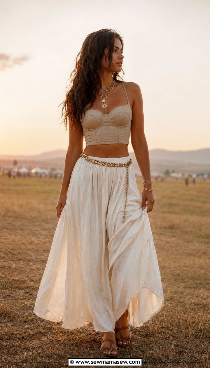 Cropped Corset And Flowy Maxi Skirt Outfit - 35 Music festival outfit ideas 2026