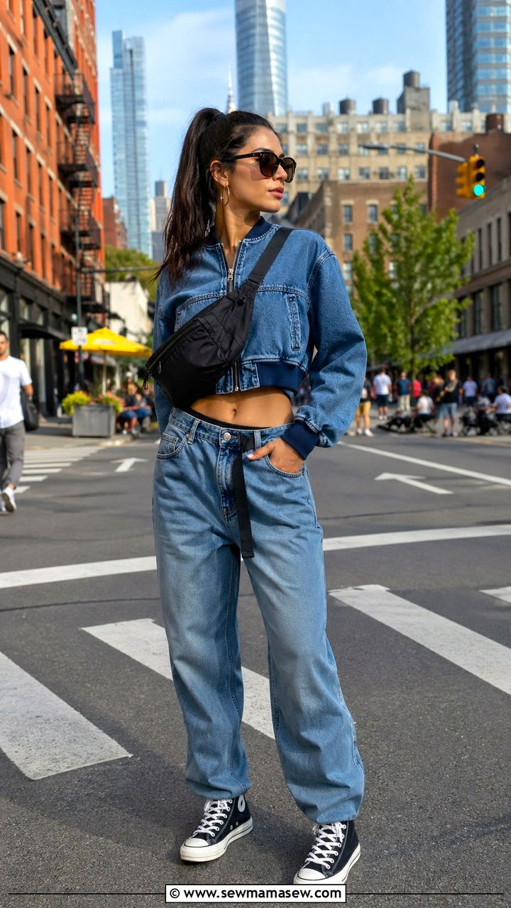 Cropped Denim Bomber Jacket With Boyfriend Jeans - 40 All denim blue outfit ideas