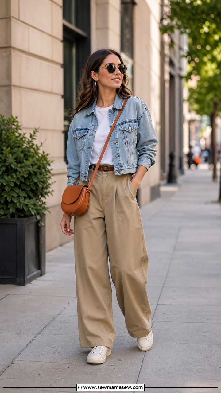 Cropped Denim Jacket And Khaki Wide Leg Pants - 35 spring everyday outfit ideas