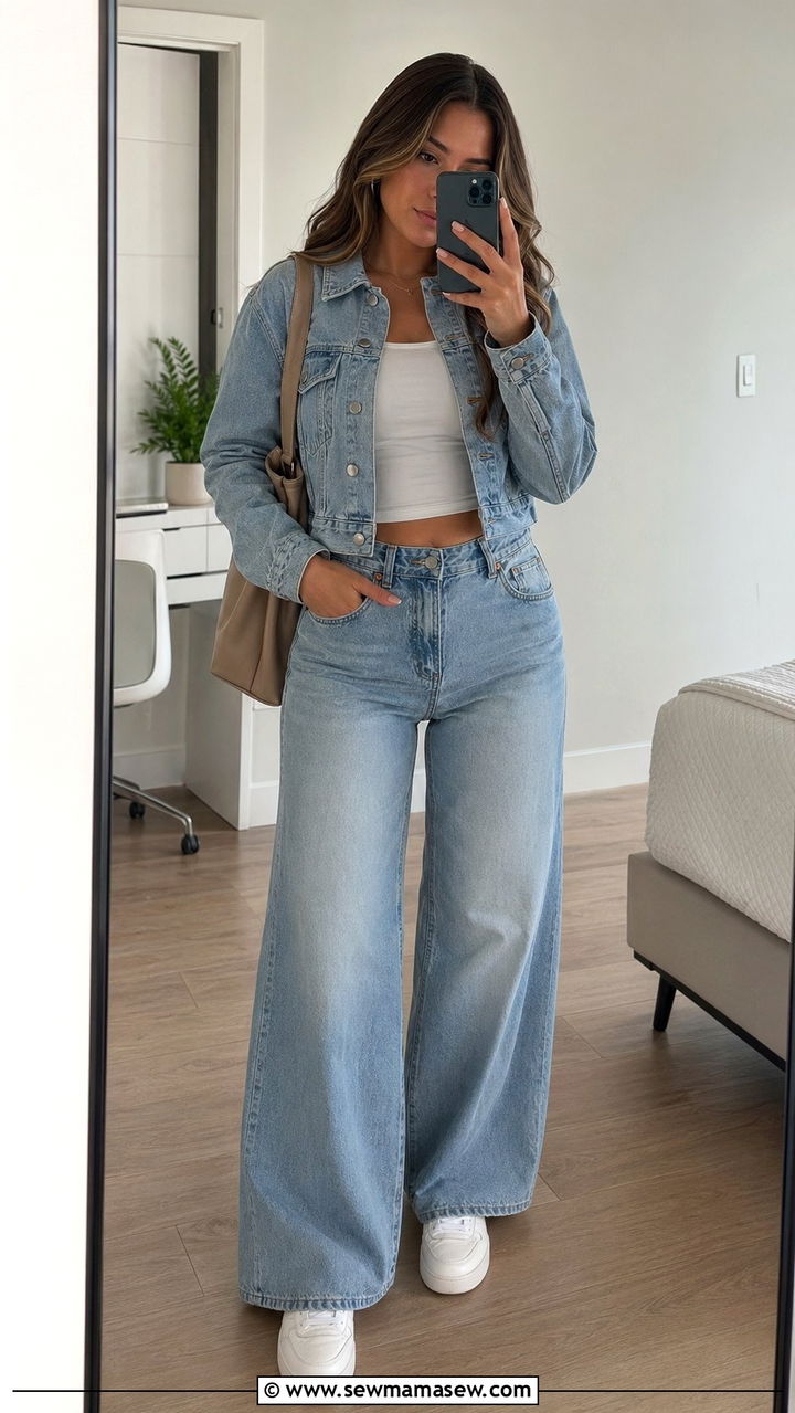 Cropped Denim Jacket And Wide Leg Jeans Matching Set For School - 30 Back to school outfit ideas clean girl 2026