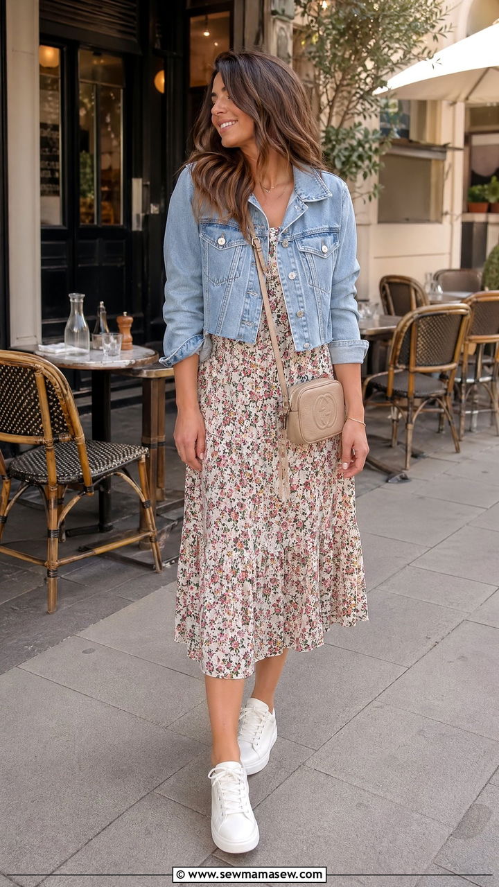 Cropped Denim Jacket Floral Midi Dress And White Sneakers - 35 spring street style outfit ideas