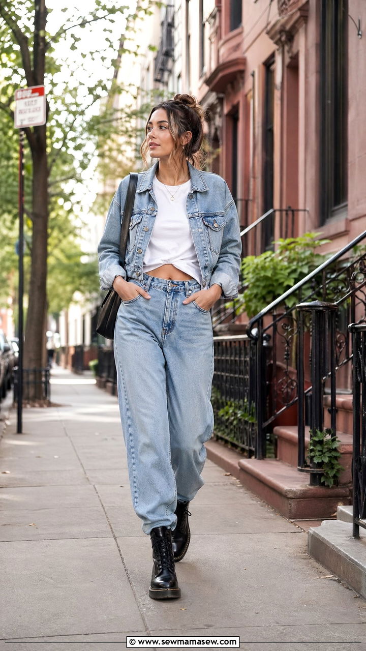 Cropped Denim Jacket With Baggy Jeans Outfit - 35 casual outfits for tall women
