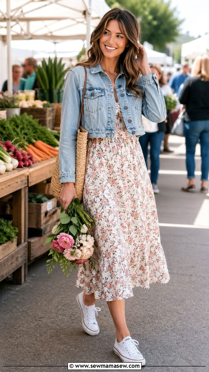 Cropped Denim Jacket With Floral Midi Dress - 30 Spring cozy outfit ideas