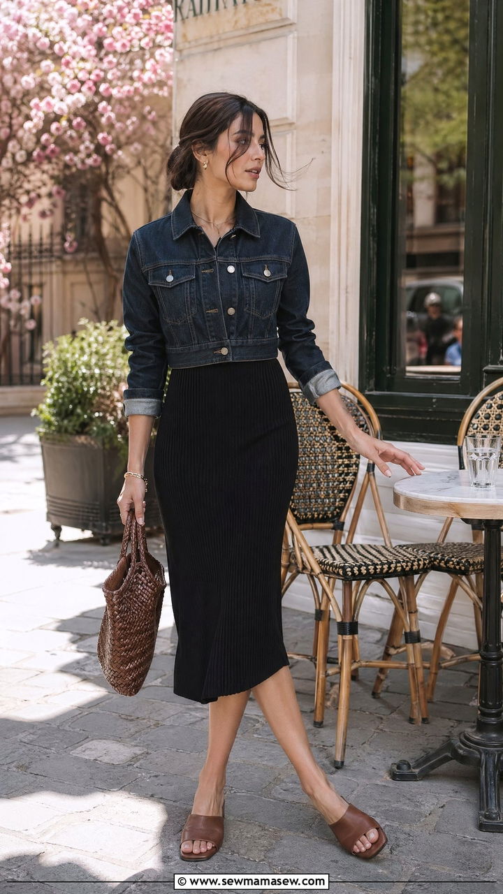 Cropped Denim Jacket With Knit Midi Skirt And Mules - 35 Windy spring outfits