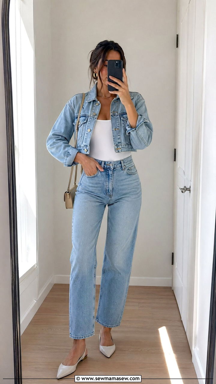 Cropped Denim Jacket and High Waisted Jeans - 35 Denim matching set outfit ideas